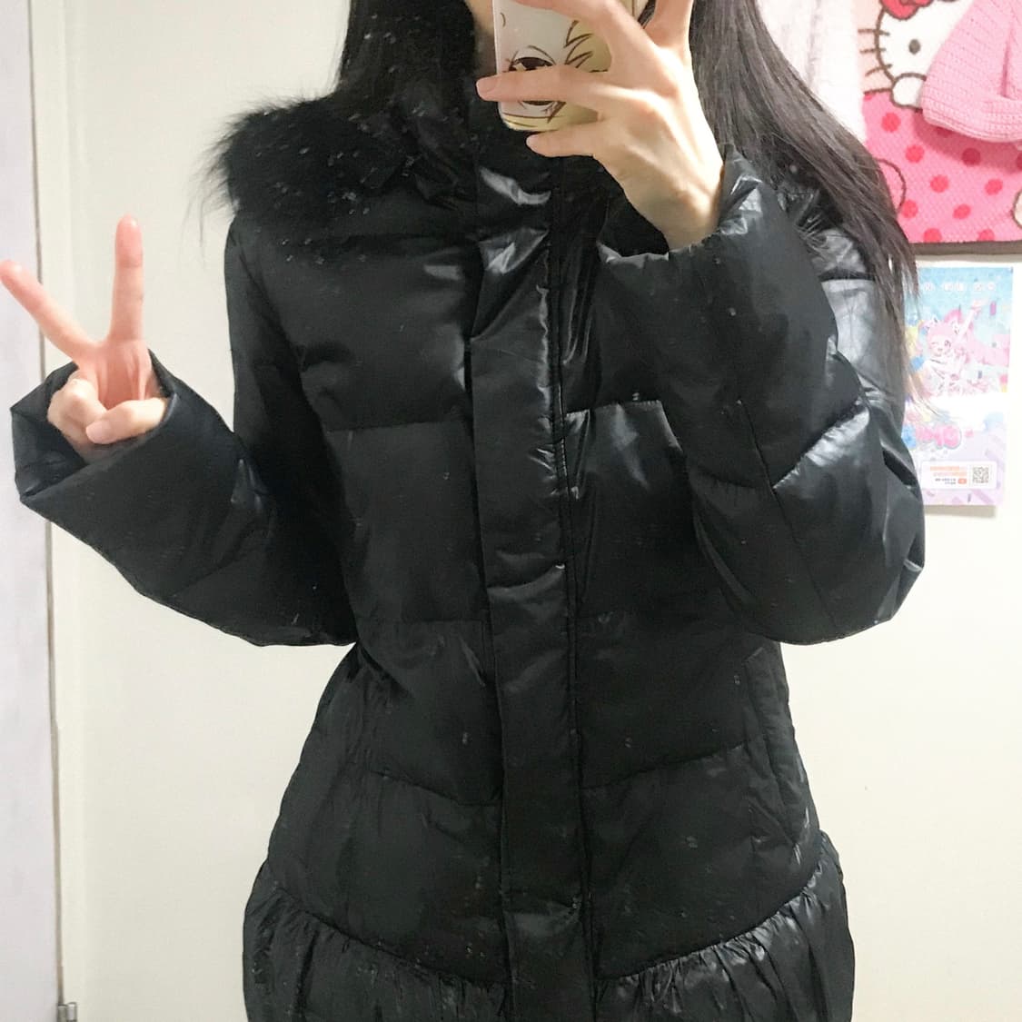 빈티지 블랙 퍼 후드 패딩 코트 오네갸루 로걀 라떼 공겜여주 긱시크 고딕 상품이미지1