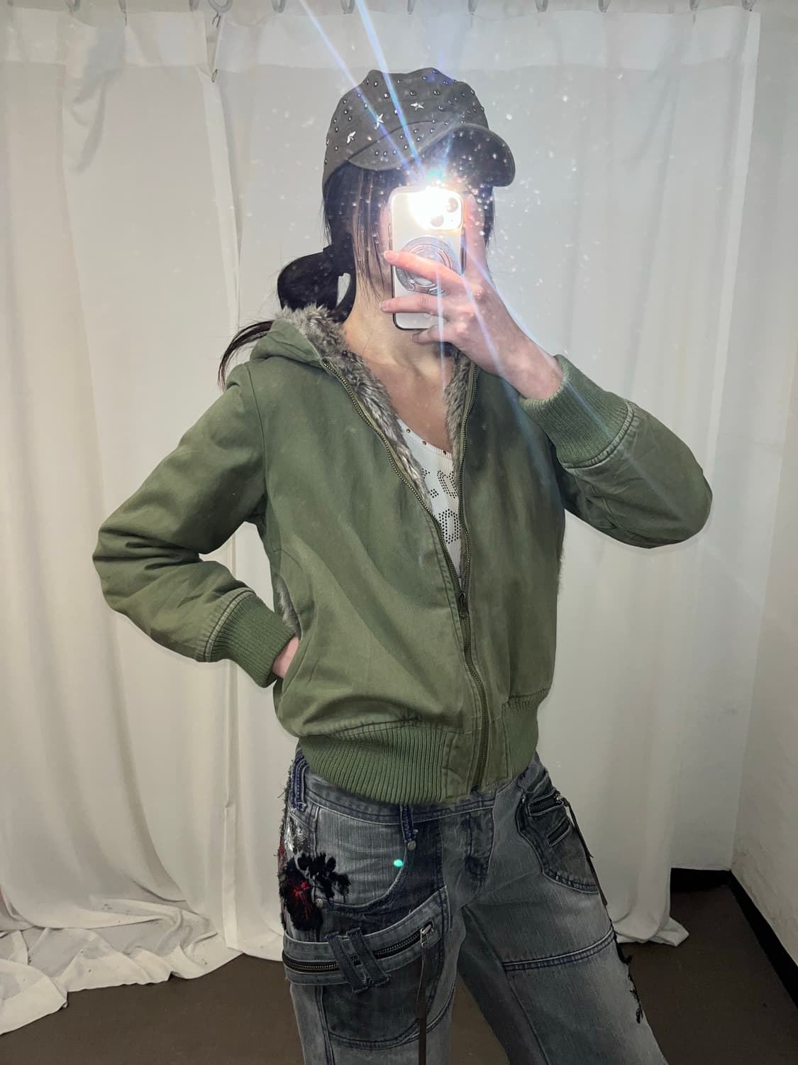 Y2K 카키 퍼 후드집업 상품이미지4