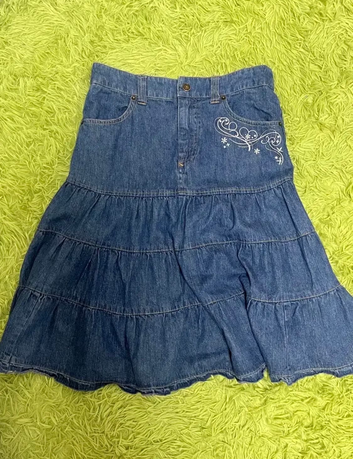 자수 캉캉 데님 스커트 상품이미지1