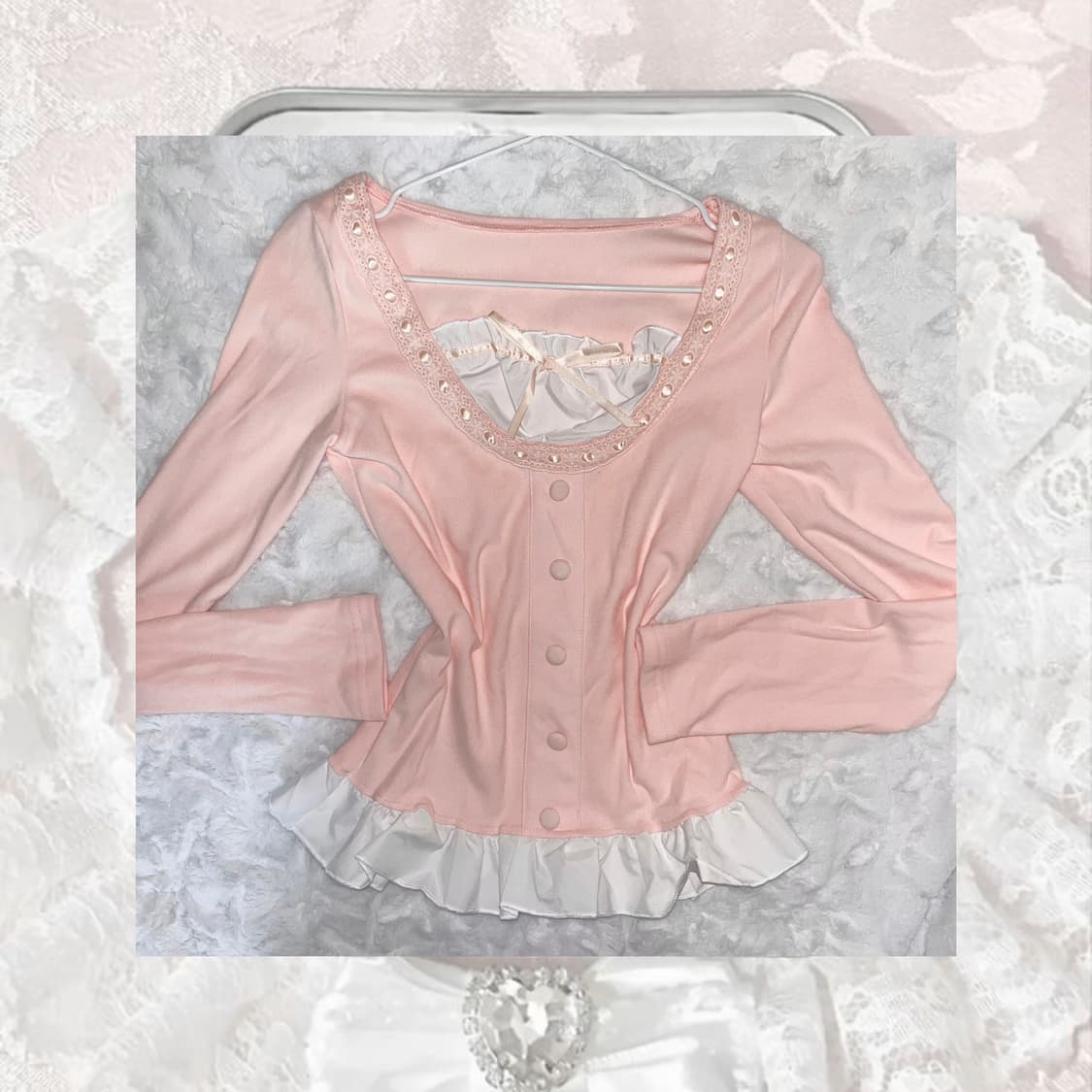 히메갸루 레이스 프릴 리본 핑크 로걀탑 상품이미지1