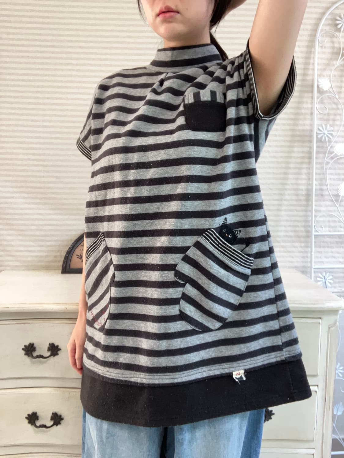 빈티지 차콜 스트라이프 반팔 y2k 스트릿 갸루 펑키 일본빈티지 상품이미지2