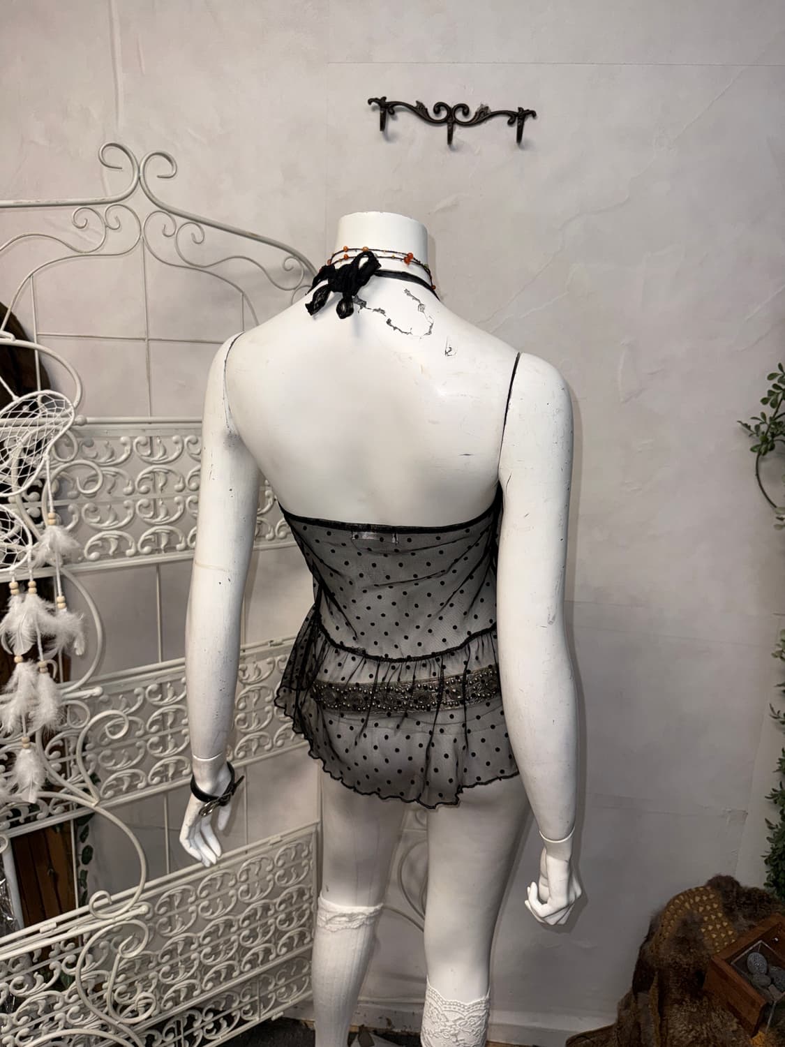 Black dot seethrough mesh halter 슬리브리스 상품이미지3