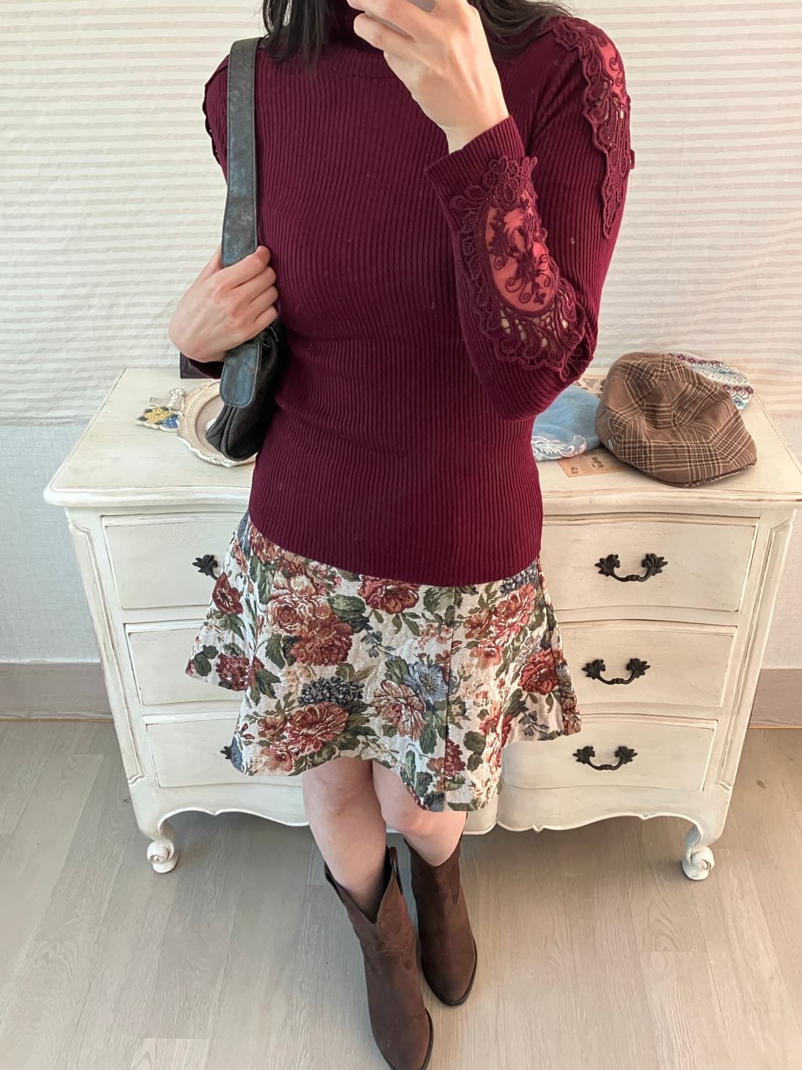 jpn vintage 레드와인 자수 디테일 골지 니트 y2k 스트릿 갸루 상품이미지3