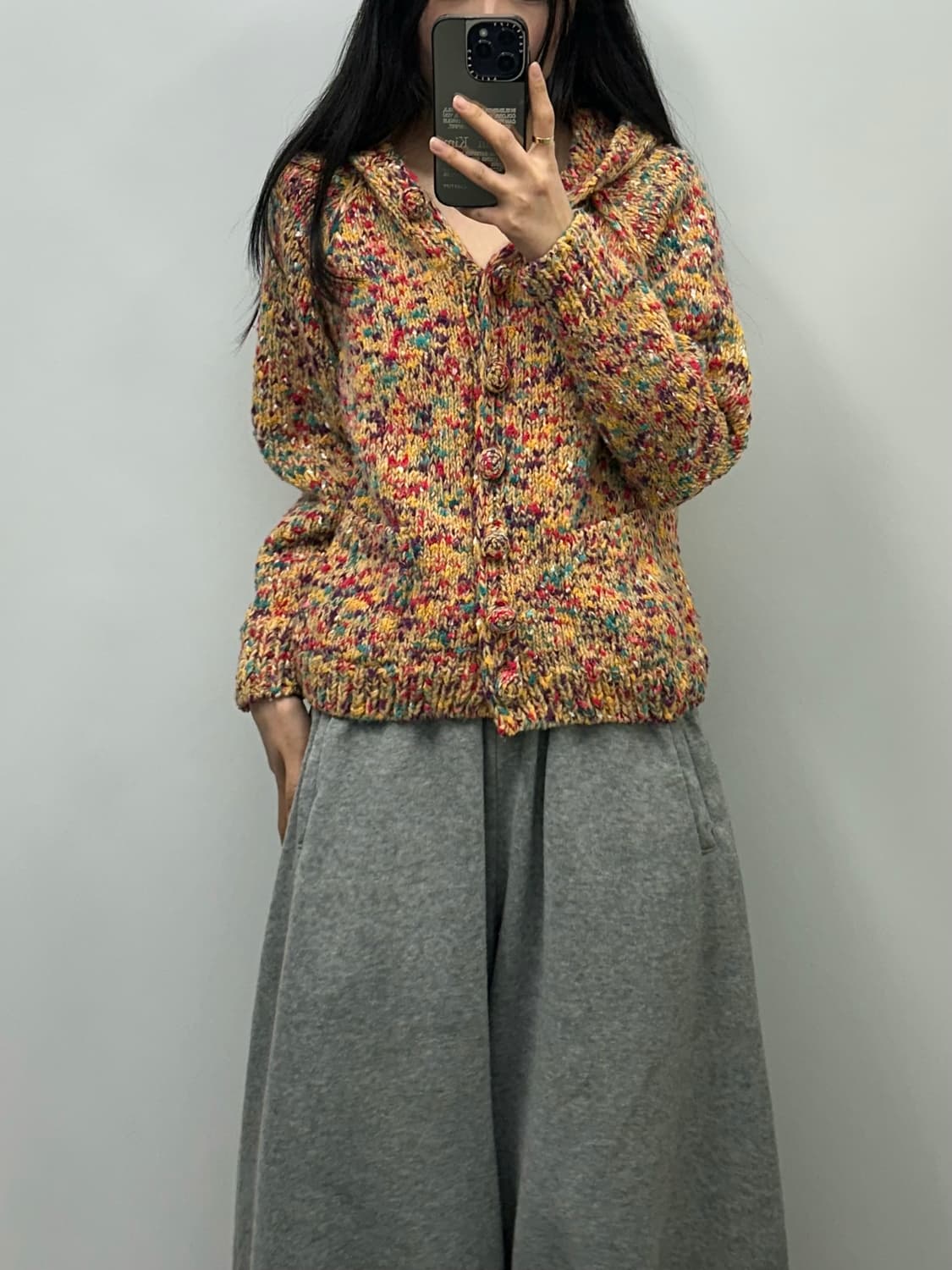 Japanese vintage 모리걸 멀티 패턴 니트 후드 가디건 상품이미지1