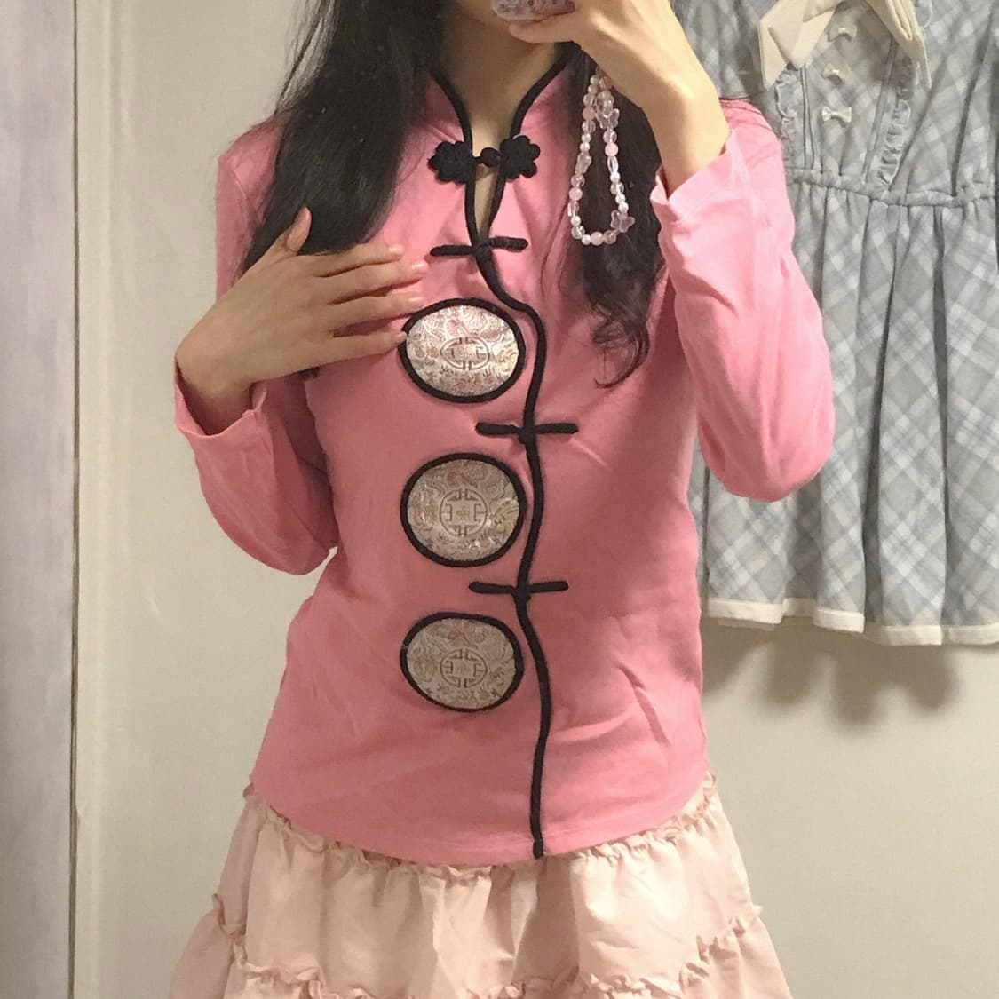 빈티지 일본 치파오 차이나 핑크 티셔츠 오네갸루 페어리 오리엔탈 긱시크 상품이미지1