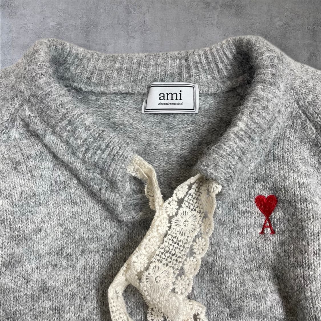 아미 하트로고 레이스 트리밍 니트 가디건 롱스커트 셋업 상품이미지3