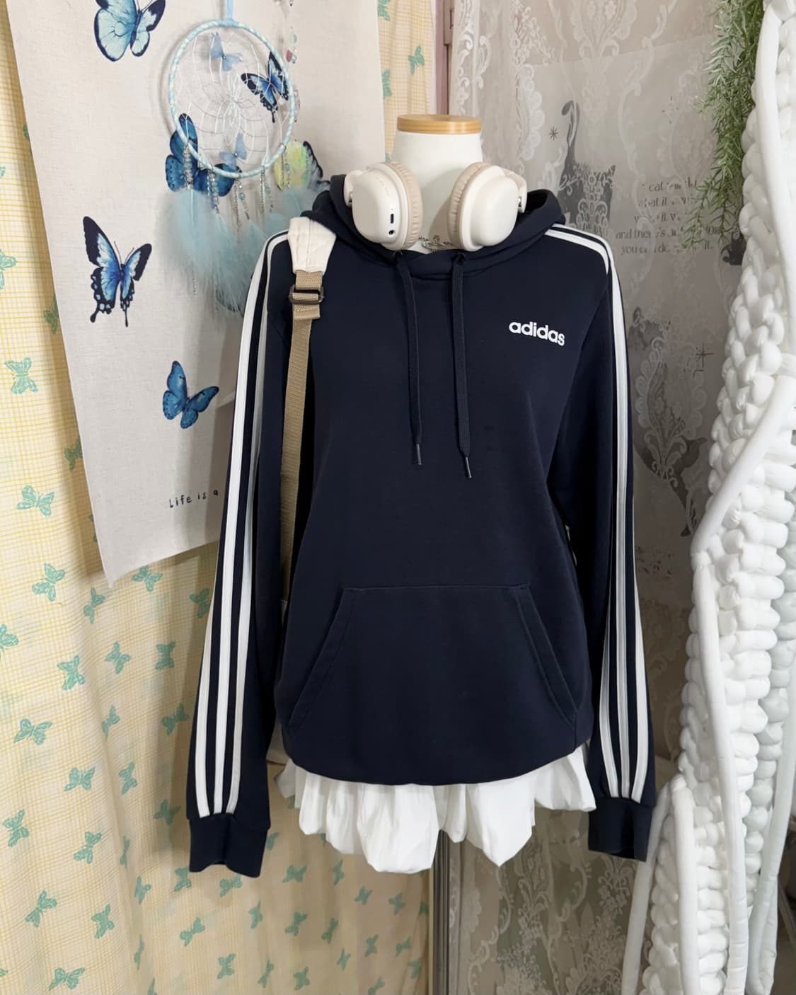 아디다스 네이비 삼선 후드 티셔츠 상품이미지1