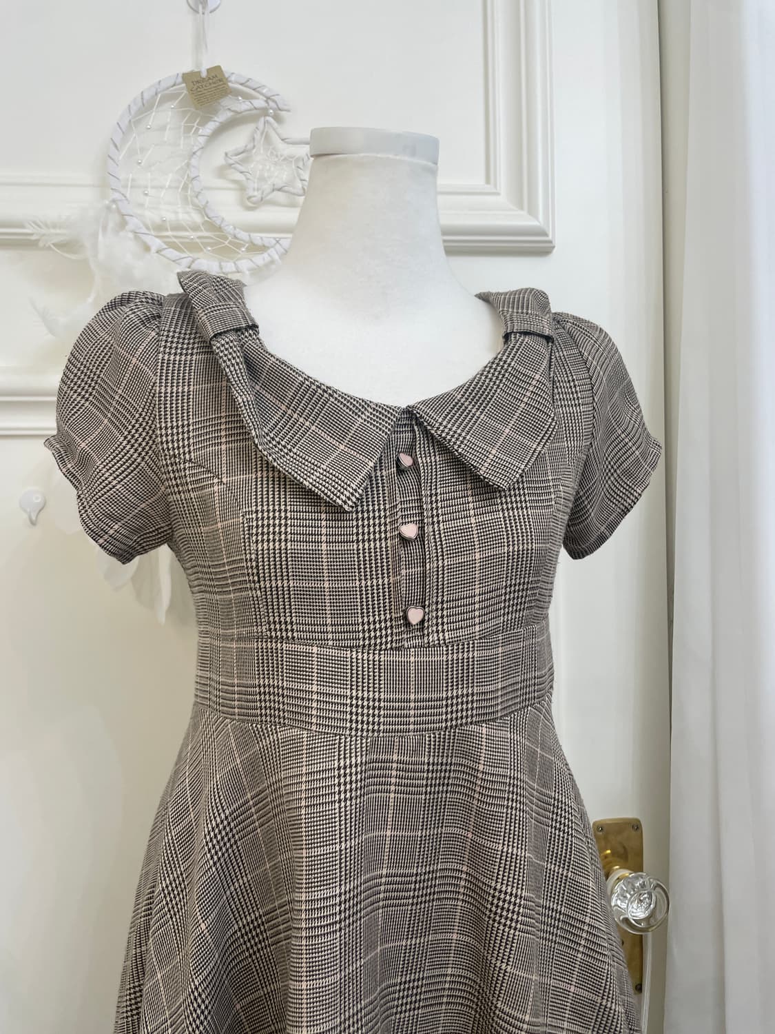 brown check bow collar pink heart button 상품이미지5