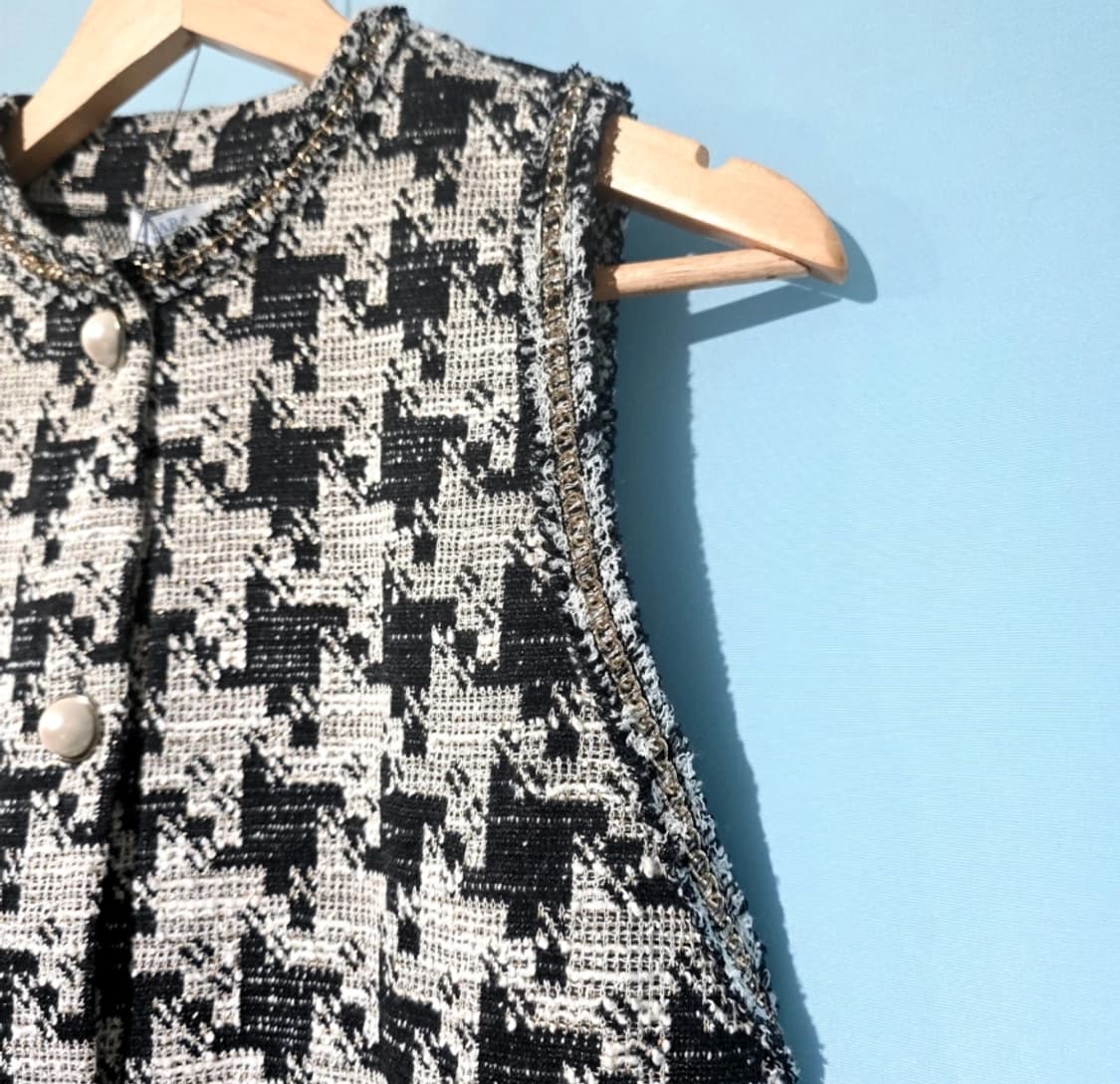 [새상품] ZARA 진주 버튼 하운드투스 체크 트위드 원피스 55 상품이미지6