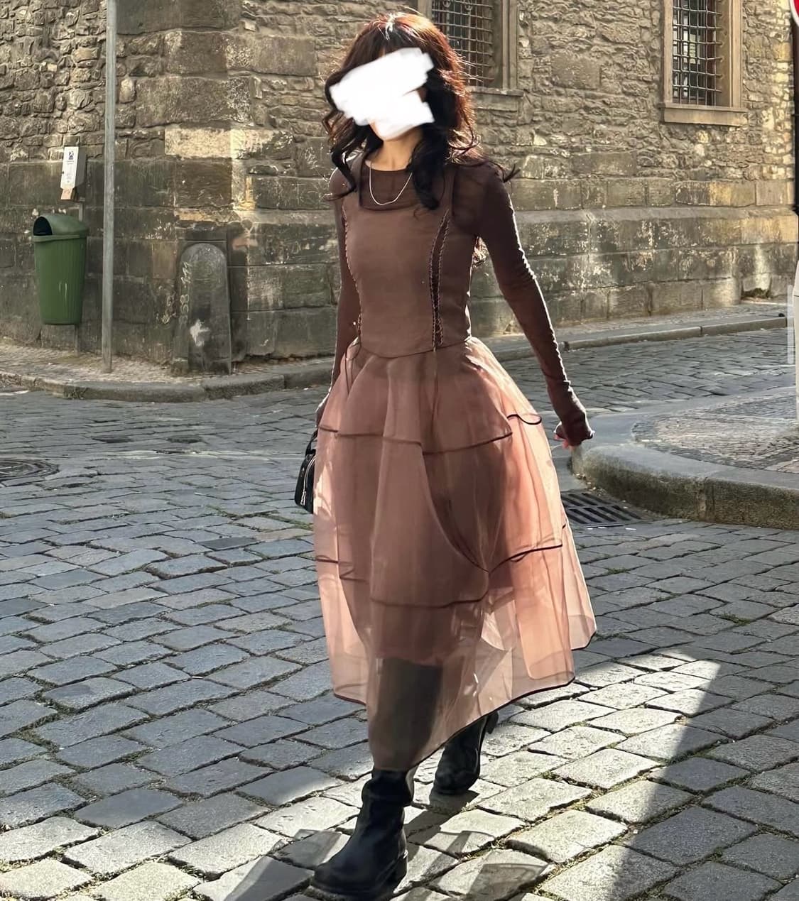 플레따 레이스업 오간자 드레스 브라운 세트 - 품절 상품 상품이미지1