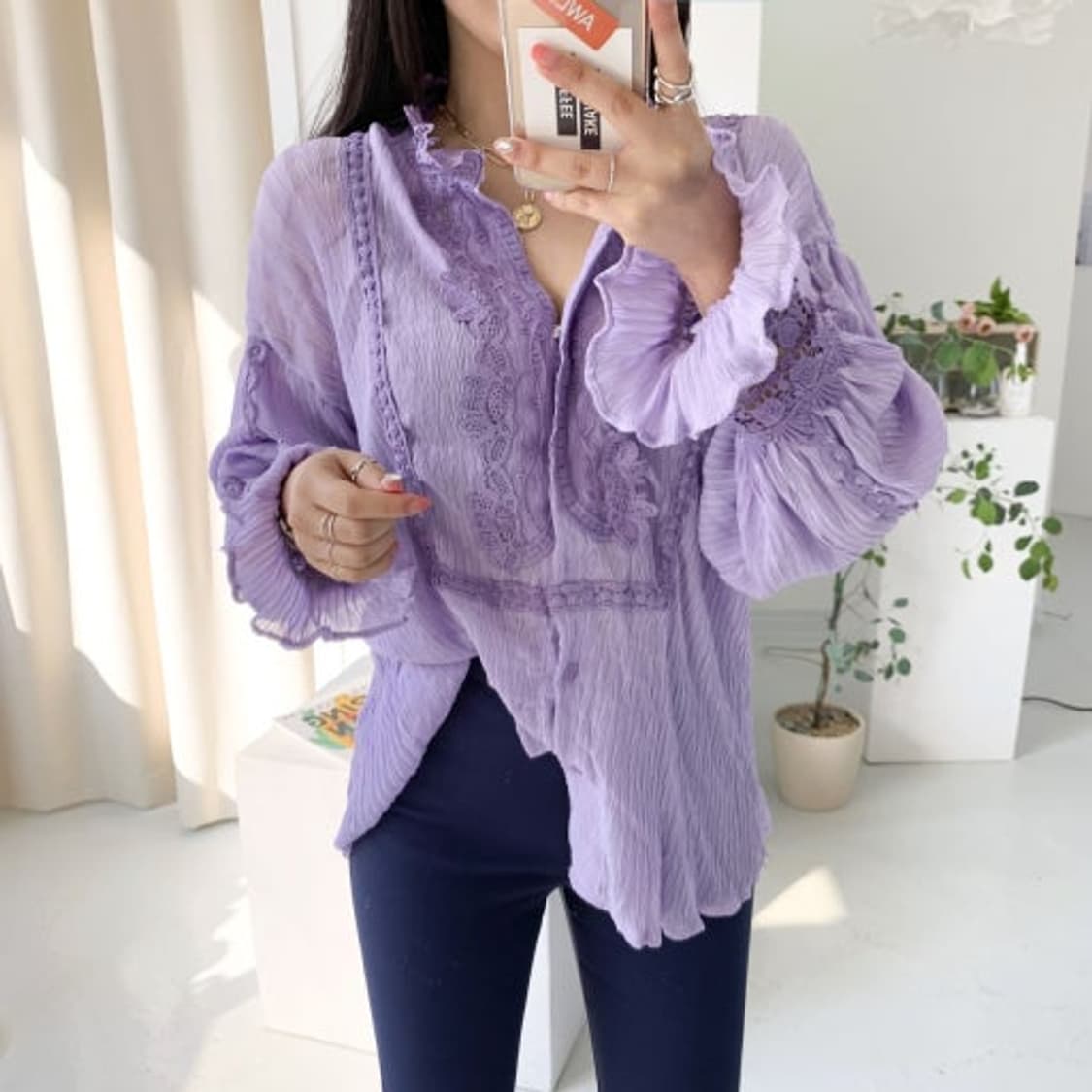 여성 라벤더 연보라 하이디 프릴 레이스 앤틱 긴팔 블라우스 55 66 7 상품이미지1