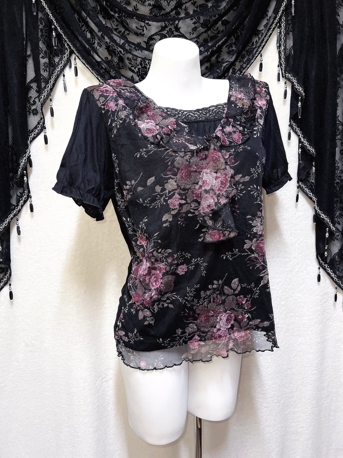 로맨틱고딕 오리엔탈 다크페어리 플라워 레이스 반팔탑 히메카지 갸루 핀터 상품이미지4