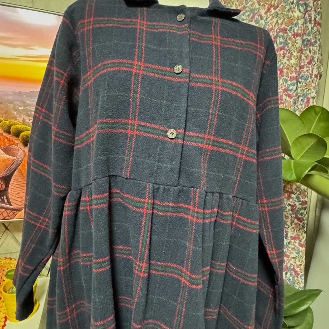 네이비 레드체크 카라 긴팔 모직 원피스 빈티지스타일 상품이미지3