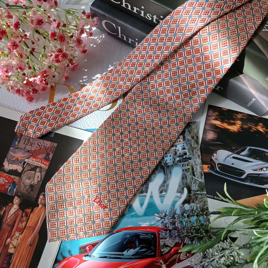 크리스찬 디올 실크 레드 기하 패턴 넥타이 9.4cm A등급 A19579 상품이미지2