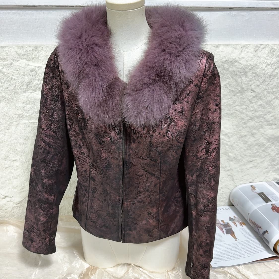 빈티지 다크 퍼플 폭스퍼 칼라 나비 되지가죽자켓 상품이미지1