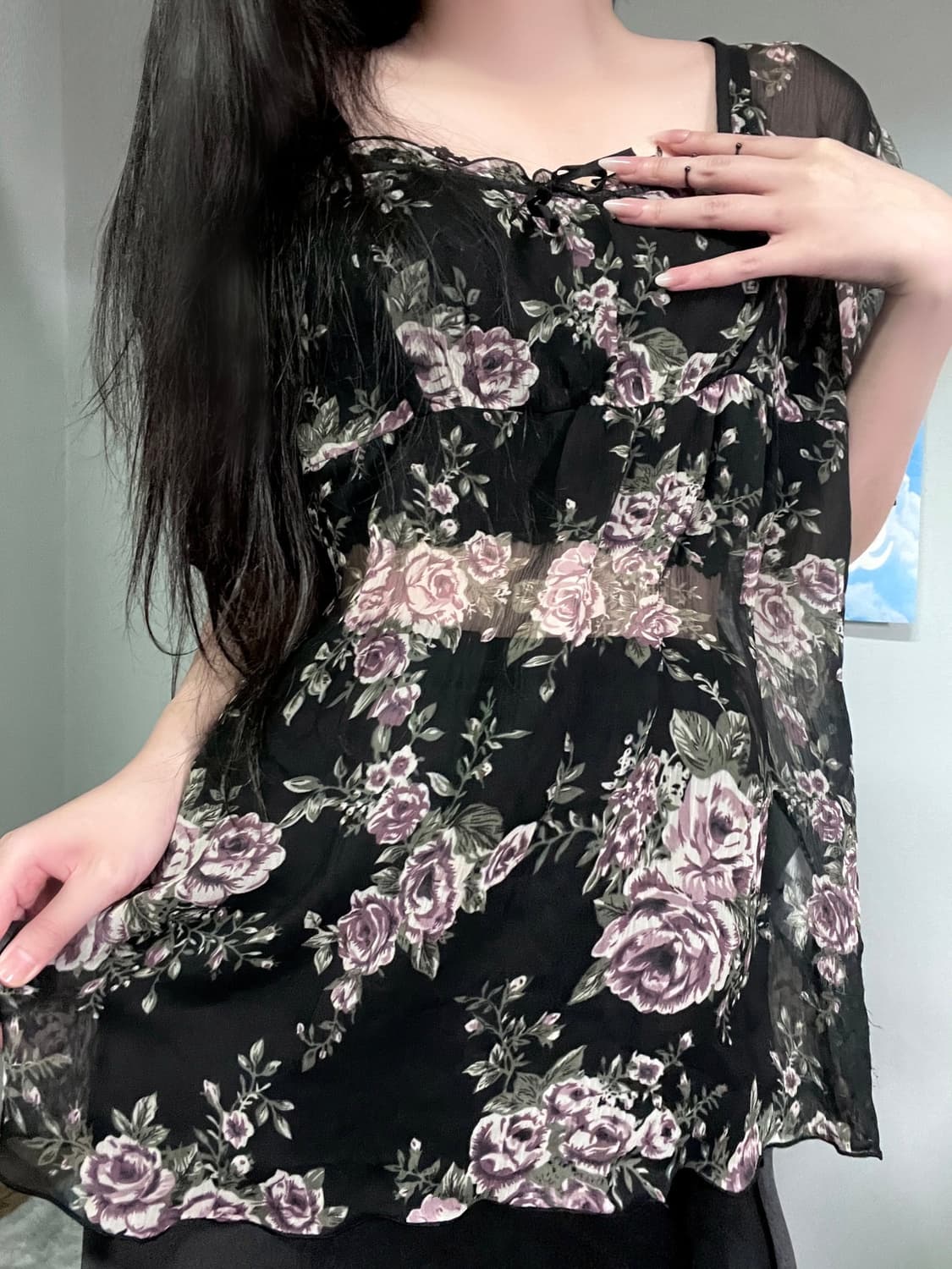 블랙 엔틱 고딕 로즈 장미 프릴 레이스 셔링 쉬폰 블라우스 상품이미지4