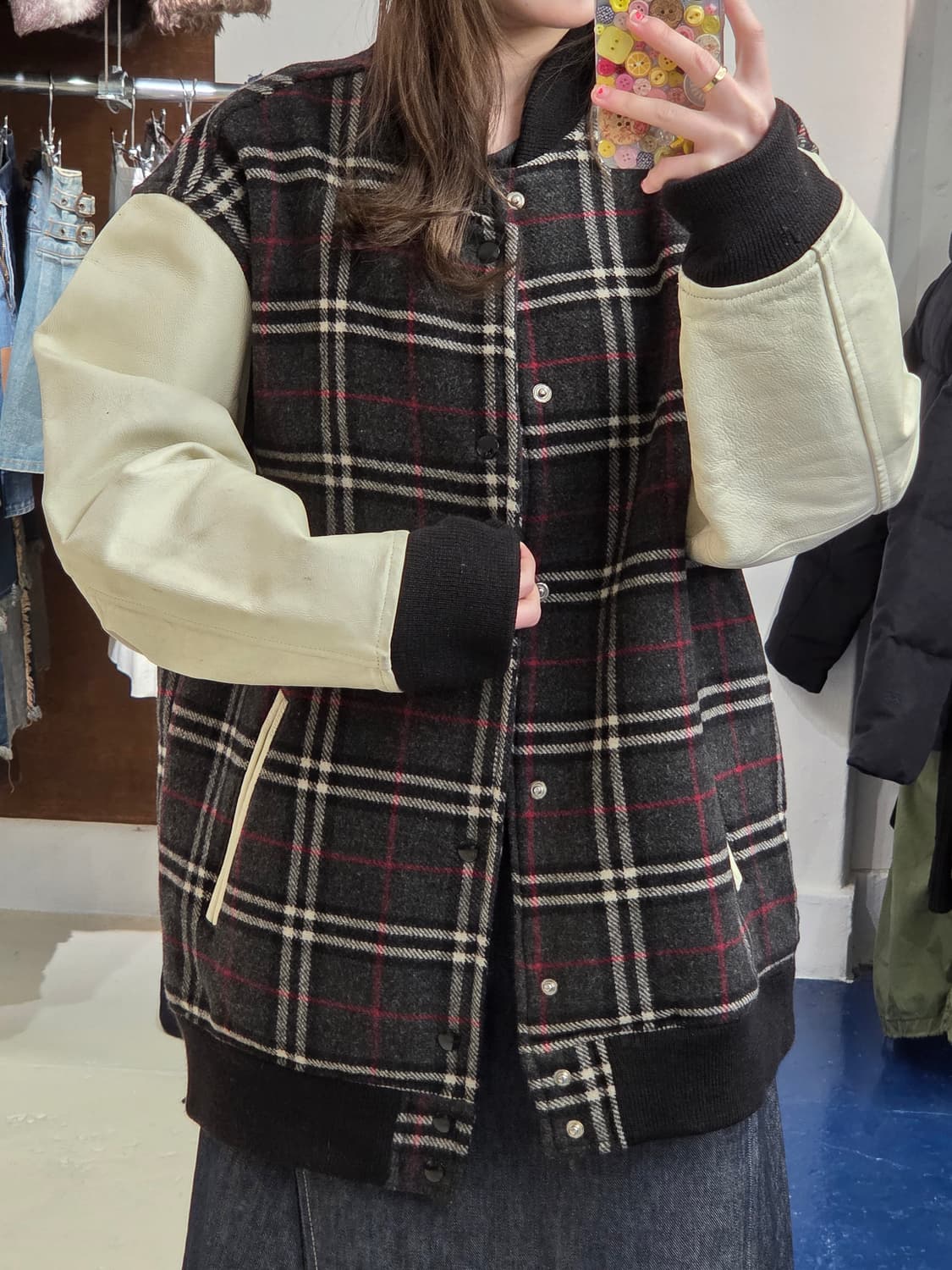 Japanese vtg 노바체크 돈피 레더 바시티 자켓 상품이미지1