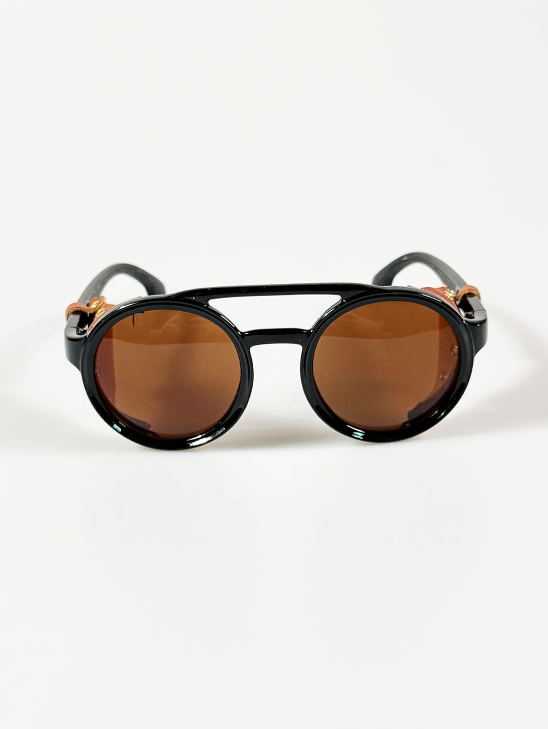 90s 블랙 더블 브릿지 레더 쉴드 라운드 고글 빈티지 틴트 선글라스 상품이미지1