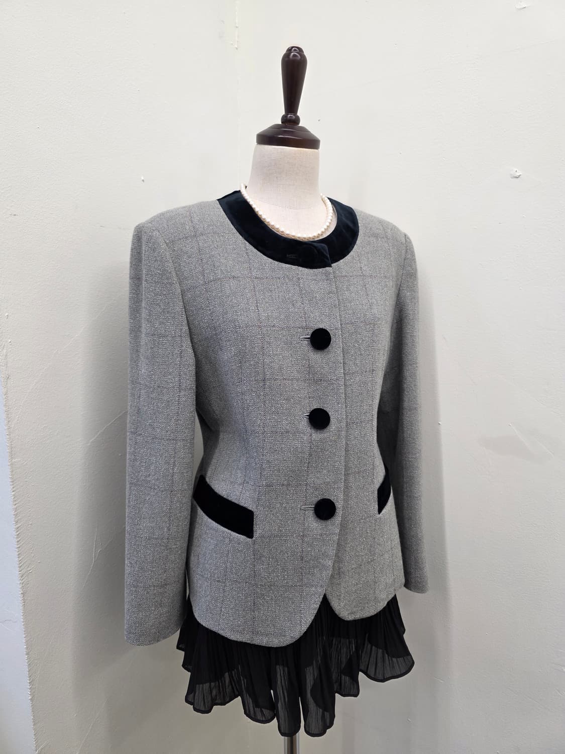 체크 벨벳 배색 여성 자켓 상품이미지1