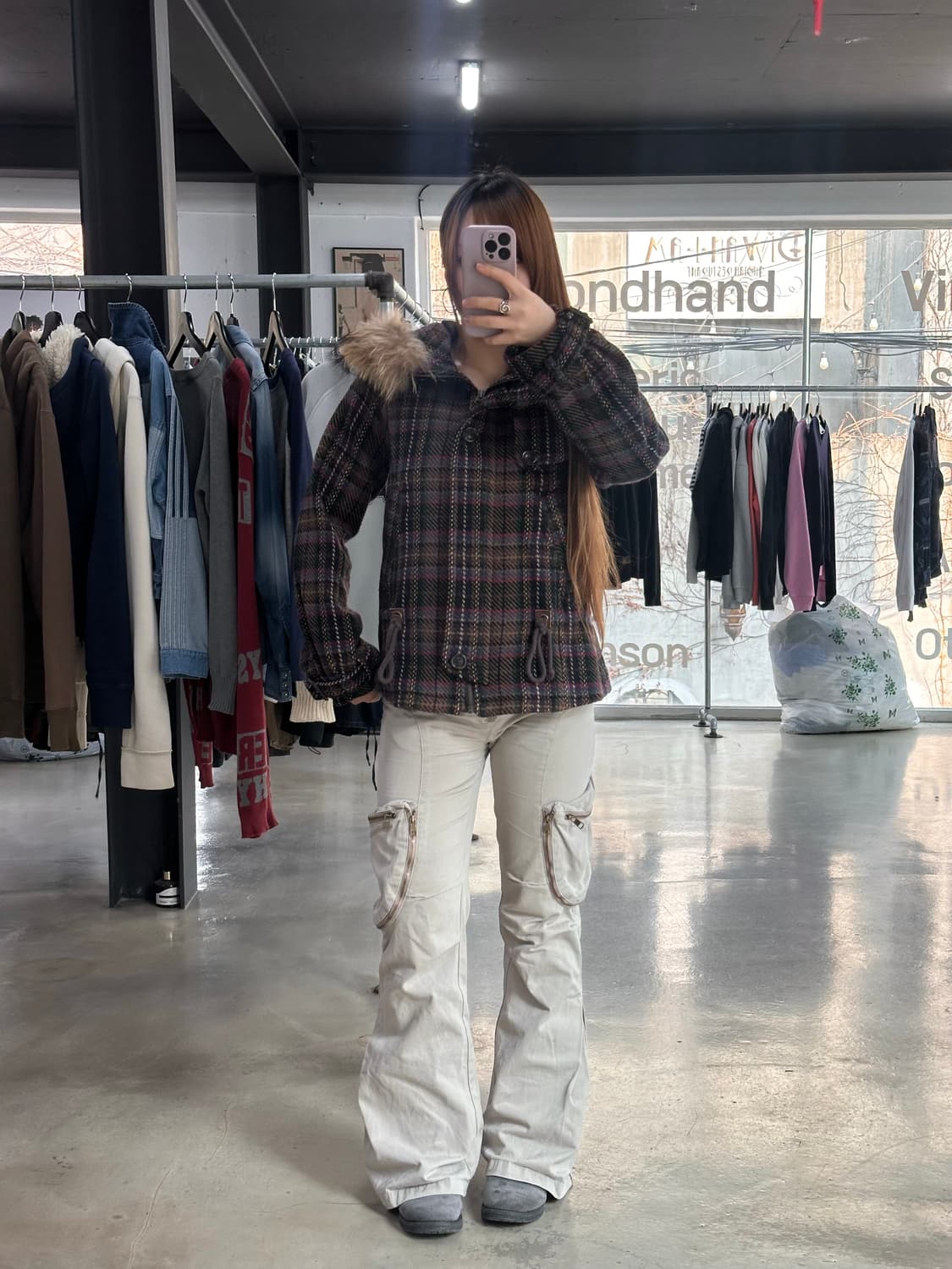 빈티지 갸루 버튼체크 퍼후드 숏코트자켓 상품이미지2