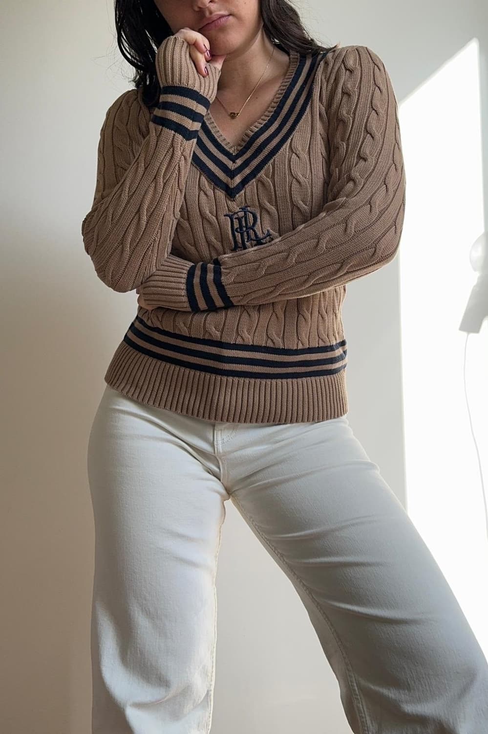 폴로 로렌 랄프로렌 브이넥 케이블 니트 브라운 상품이미지1