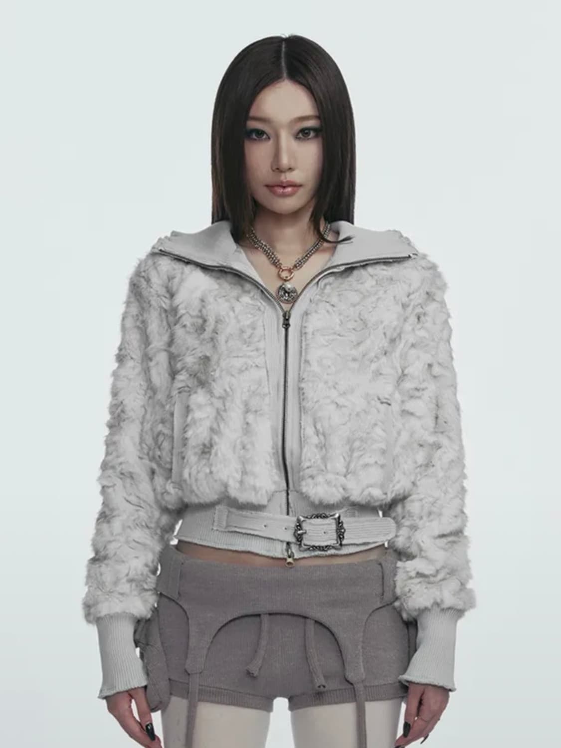FAUX FUR BELT ZIP JACKET_GREY 상품이미지2