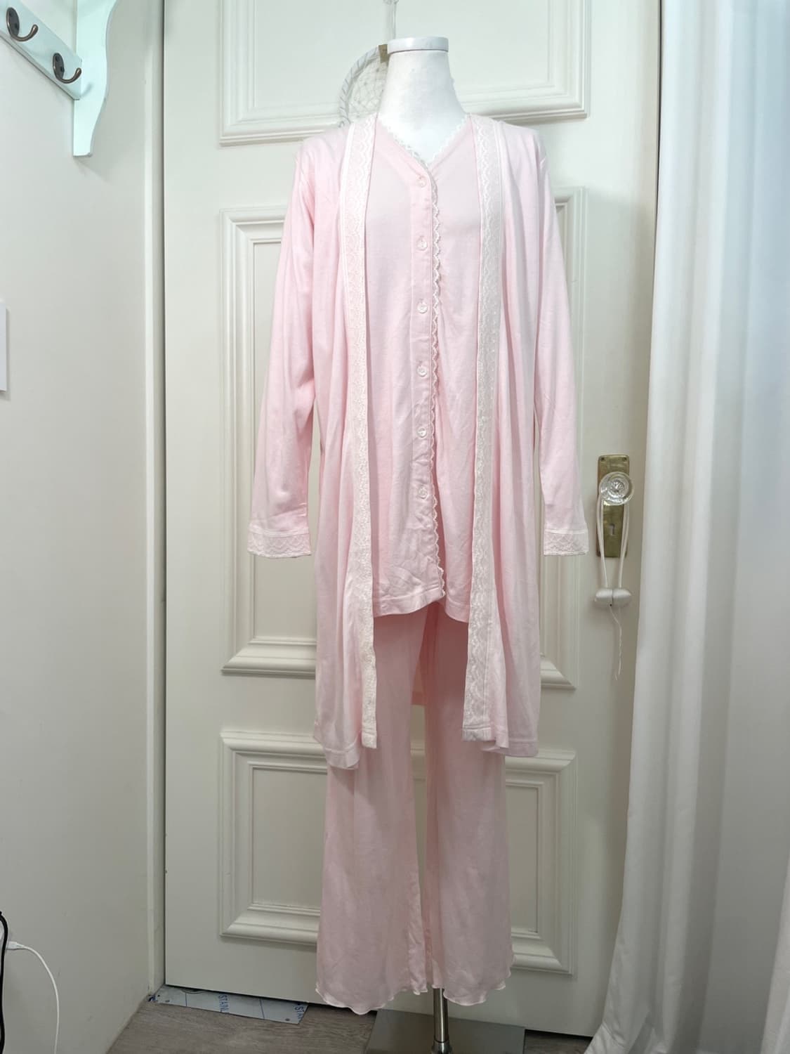 pink cotton lace point 3pcs pajama set 상품이미지1