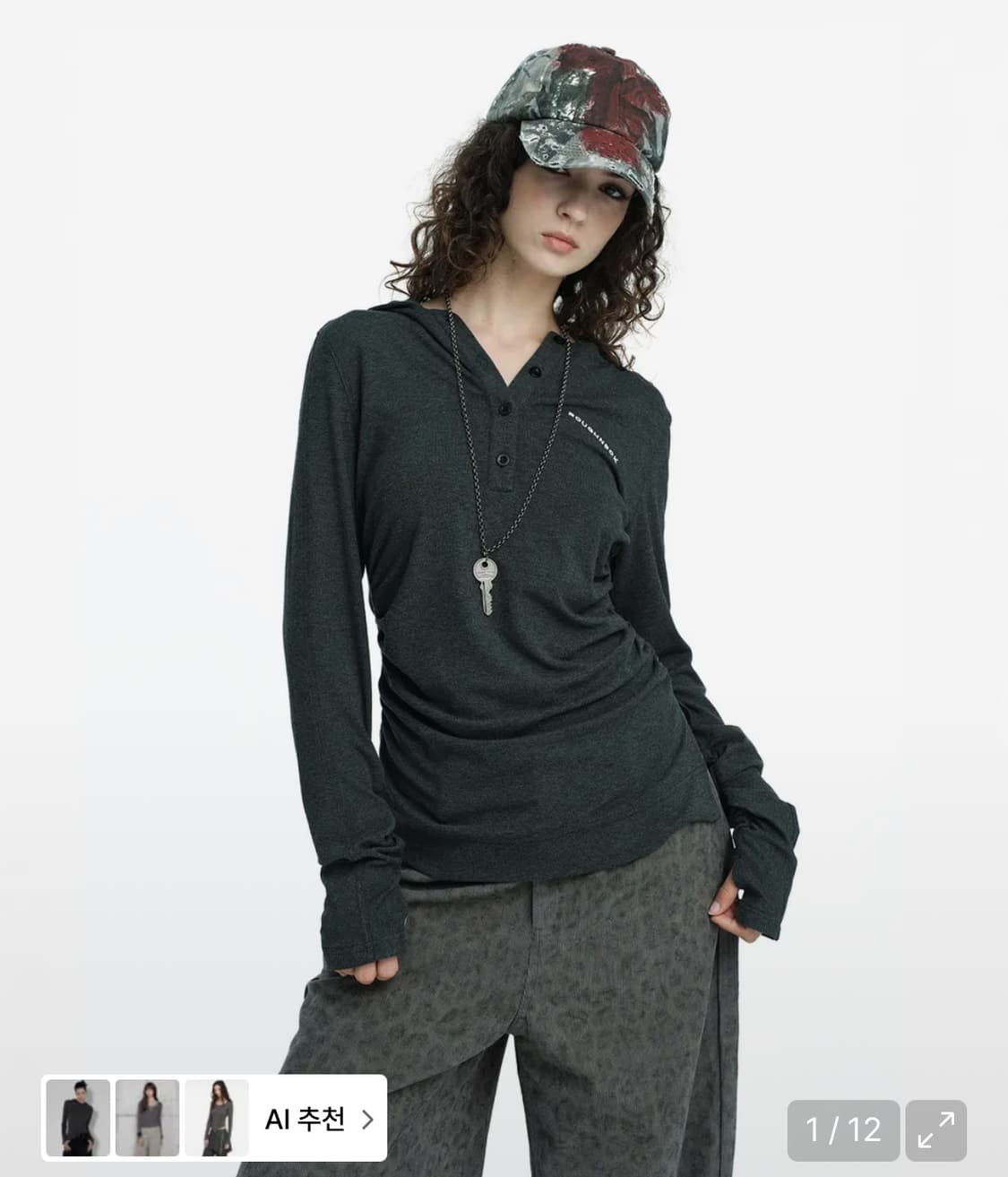 러프넥 헨리 후드 롱 슬리브 탑 그레이 상품이미지1