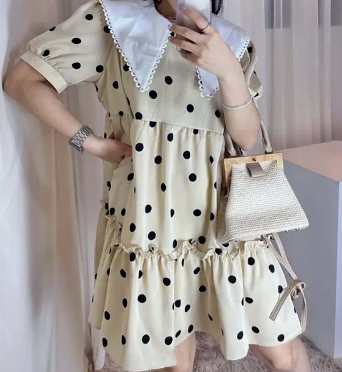 새상품) 레트로 빅카라 도트 미니원피스 블랙/베이지 일괄 상품이미지4