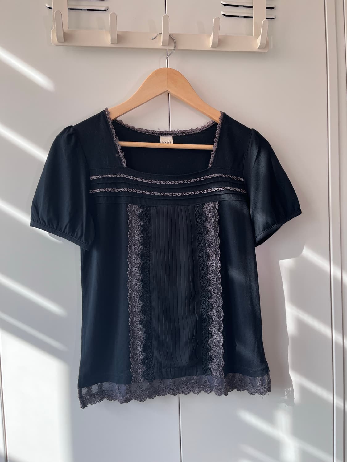 Axes femme 블랙 레이스 스퀘어넥 반팔 블라우스 상품이미지3