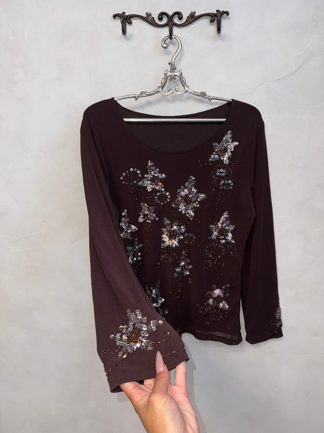Dark brown fairy spangled flower blouse 상품이미지2