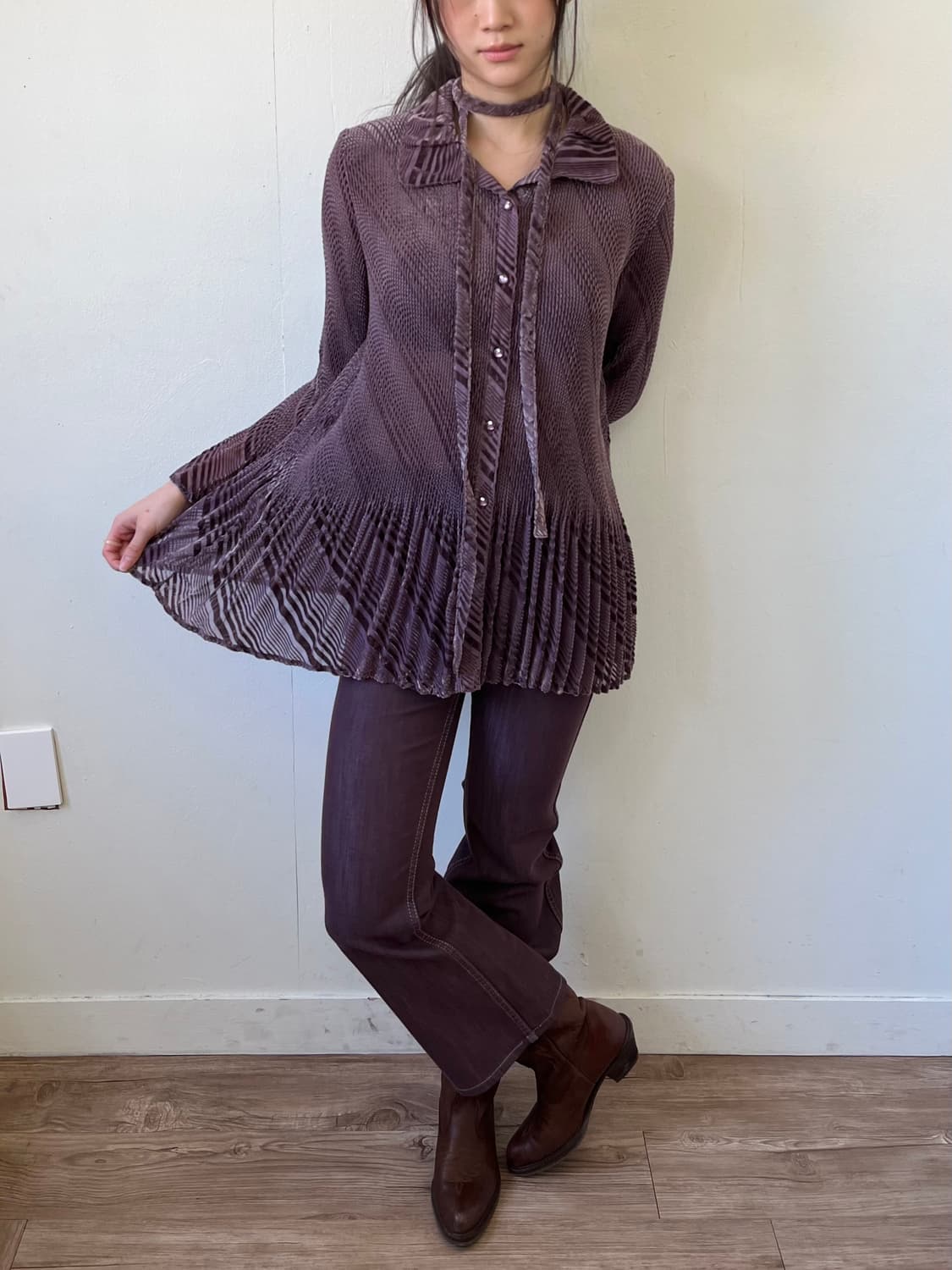 EARTHY MODE 로즈 벨벳 믹스 블라우스 상품이미지7