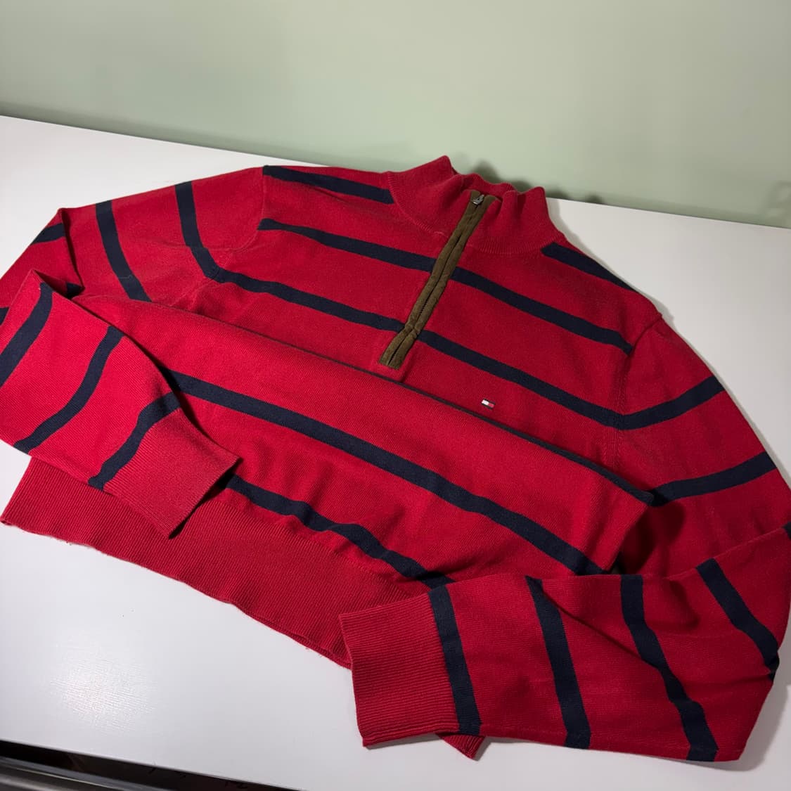 M 타미힐피거 레드 단가라 캐시미어혼방 반집업니트 상품이미지2