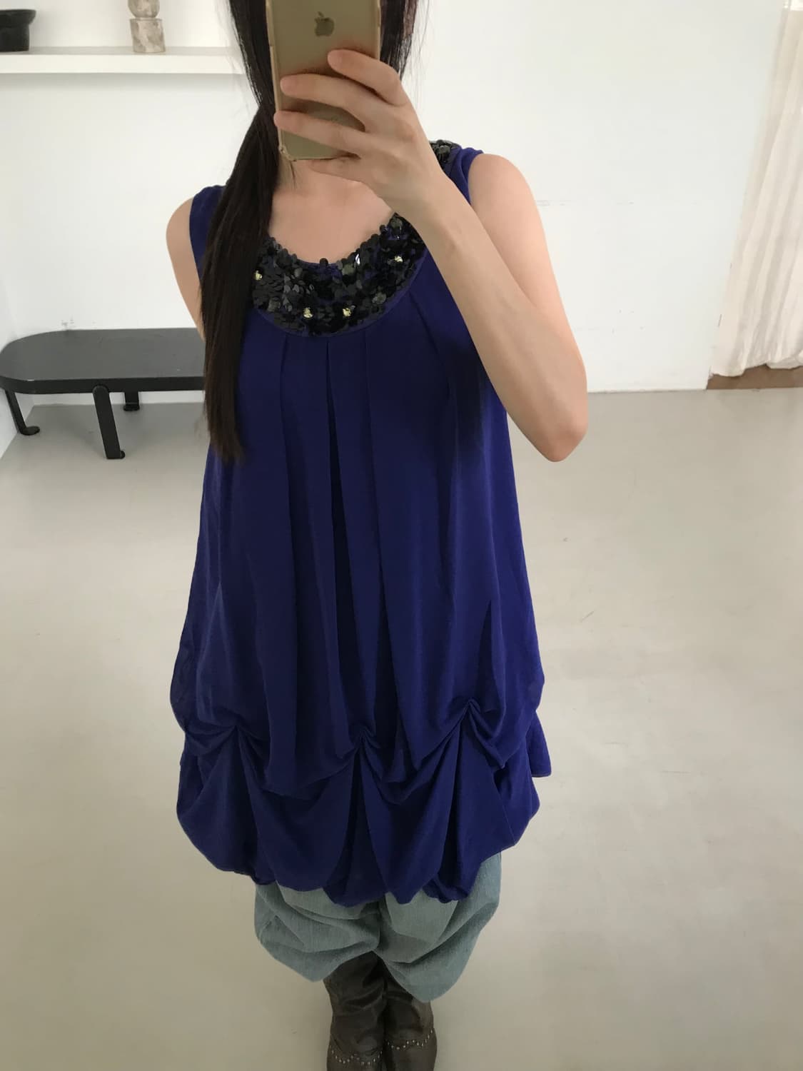 vintage navy draped balloon one-piece 상품이미지7