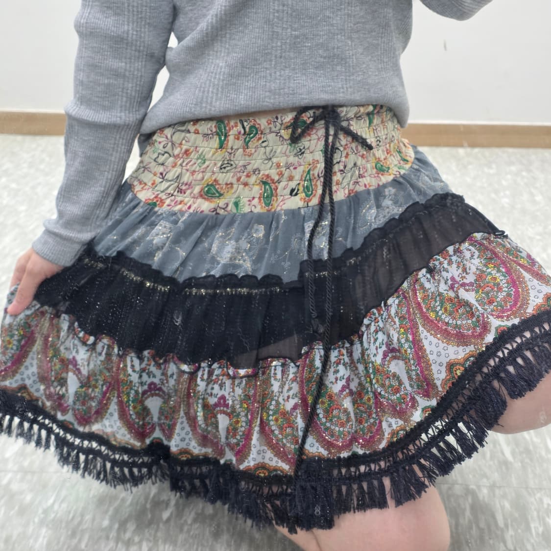 일본빈티지)오리엔탈 페이즐리 패치워크 프릴캉캉 갸루모리걸 에스닉 치마 상품이미지2