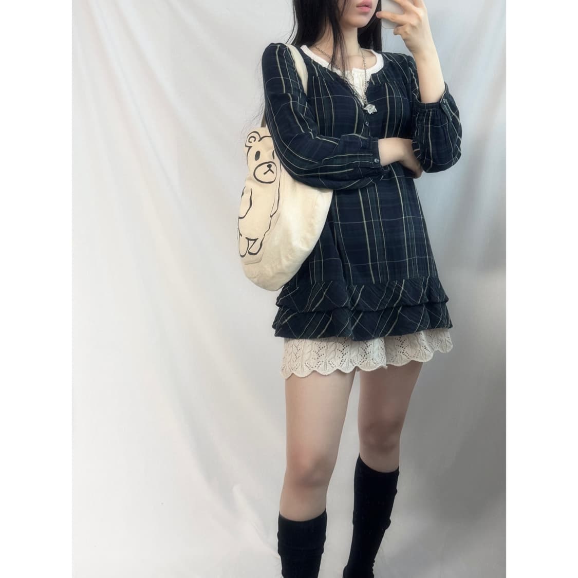 버튼 레이어드 넥 체크 패턴미니 원피스 상품이미지1