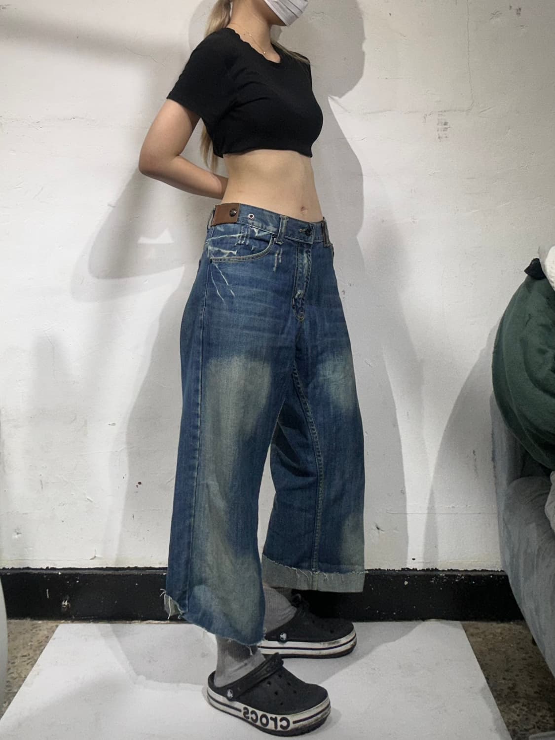 빈티지 Prps 재패니즈 중청 워싱 크롭 와이드 데님 팬츠 상품이미지1