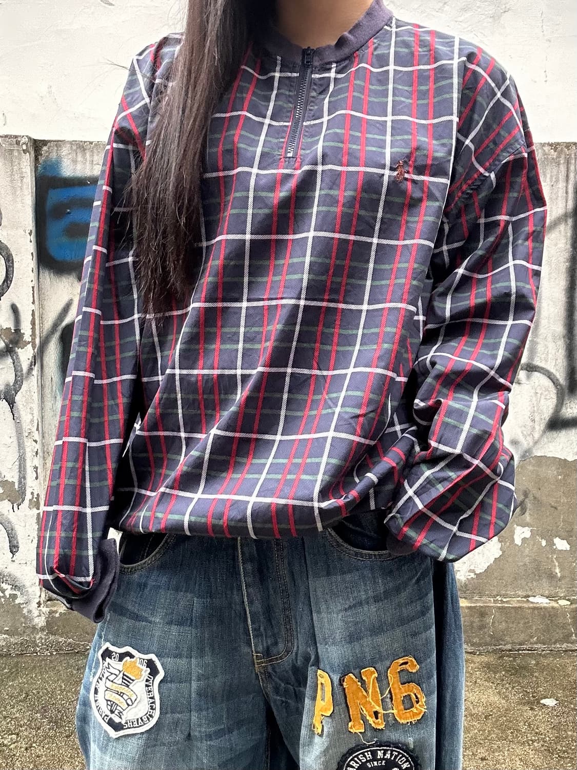 90s 폴로 체크 브라운포니 반집업 아노락 상품이미지1