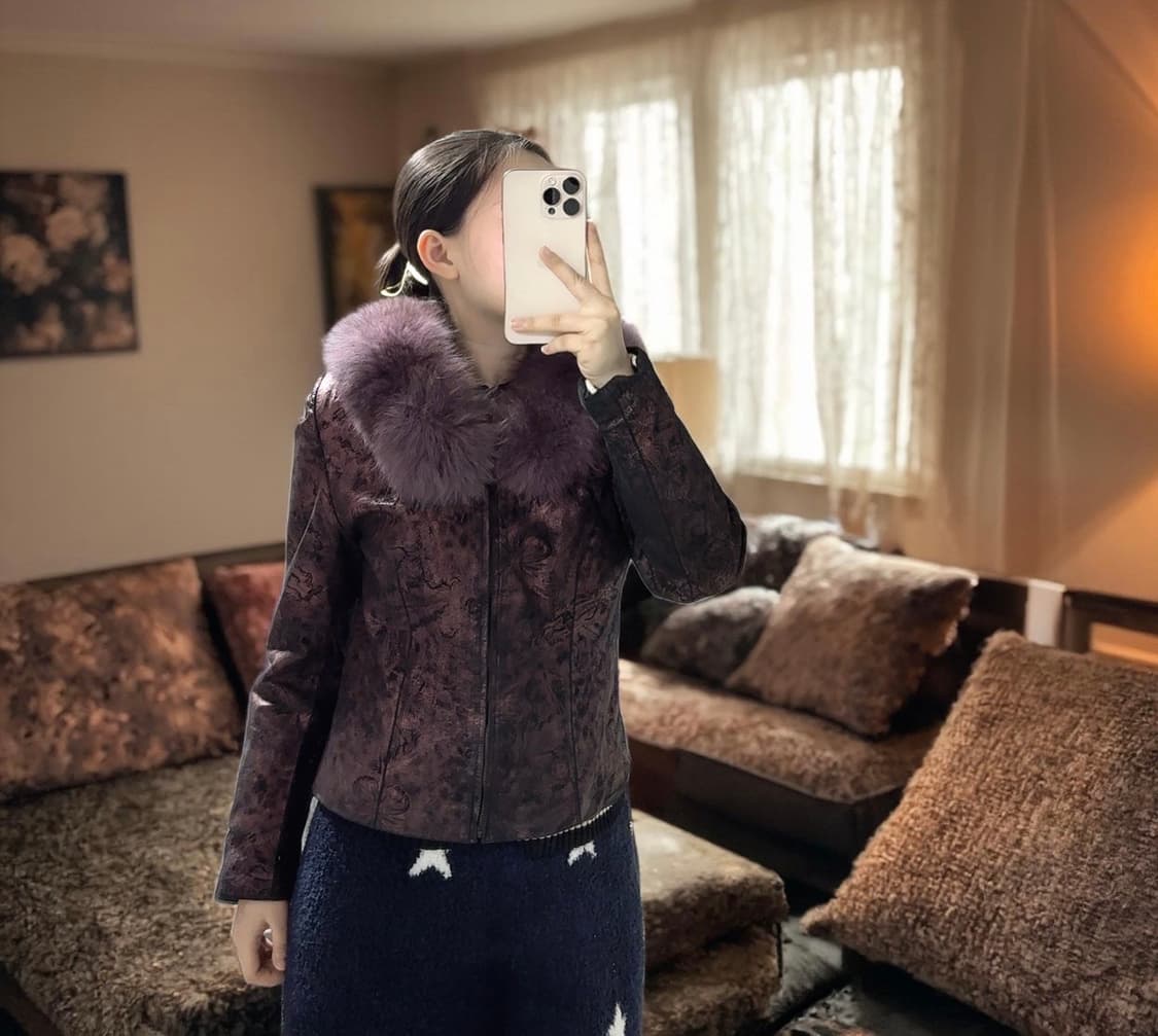 빈티지 다크 퍼플 폭스퍼 칼라 나비 되지가죽자켓 상품이미지5