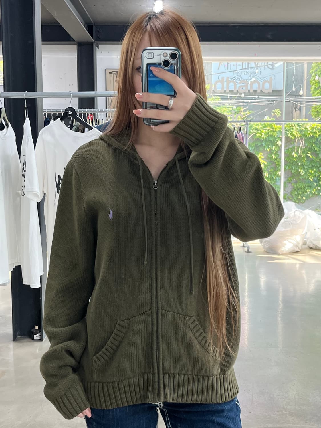 폴로 포니 코튼 루즈 후드니트집업 카키 상품이미지3