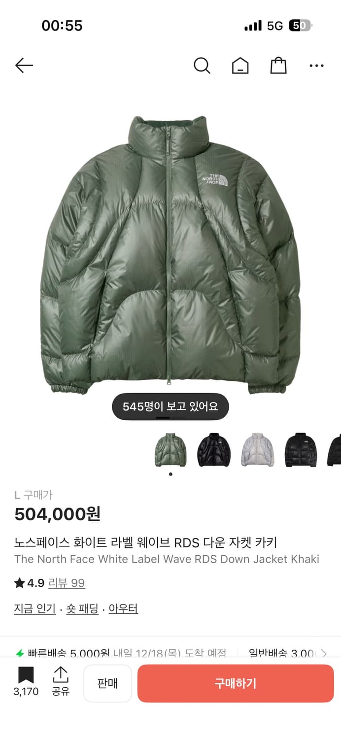 노스페이스 화이트 라벨 웨이브 RDS 다운 자켓 카키 상품이미지1