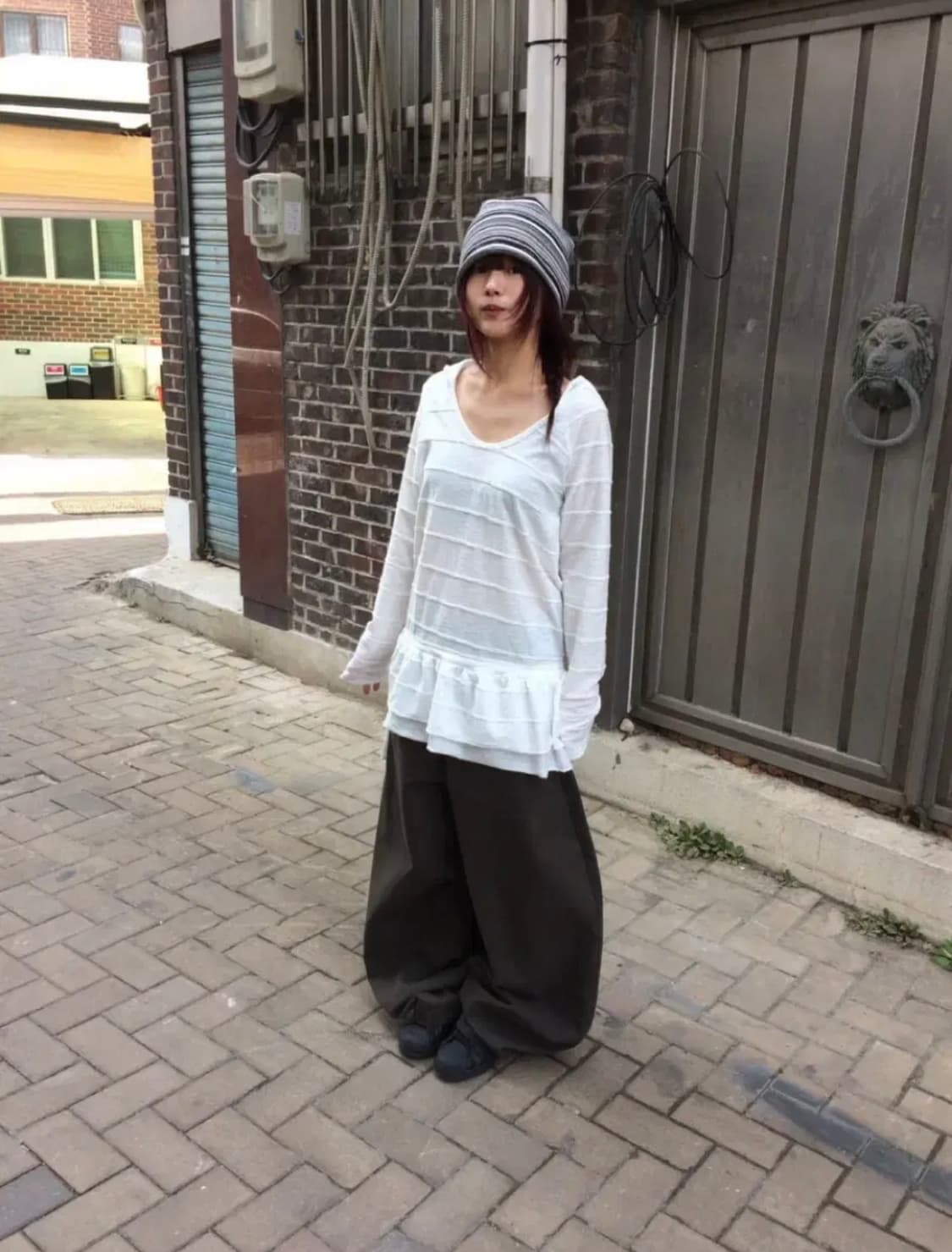 프릴 스트라이프 슬리브리스 원피스/단가라 프릴 유넥 후드티 상품이미지3