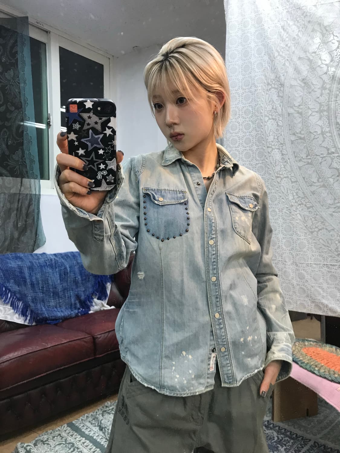 써스데이아일랜드 여성 웨스턴 연청 데님셔츠 상품이미지1