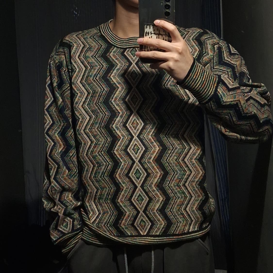 OTTIMO 베이지 멀티컬러 에스닉 지그재그 패턴 코튼 블렌드 니트 L 상품이미지1