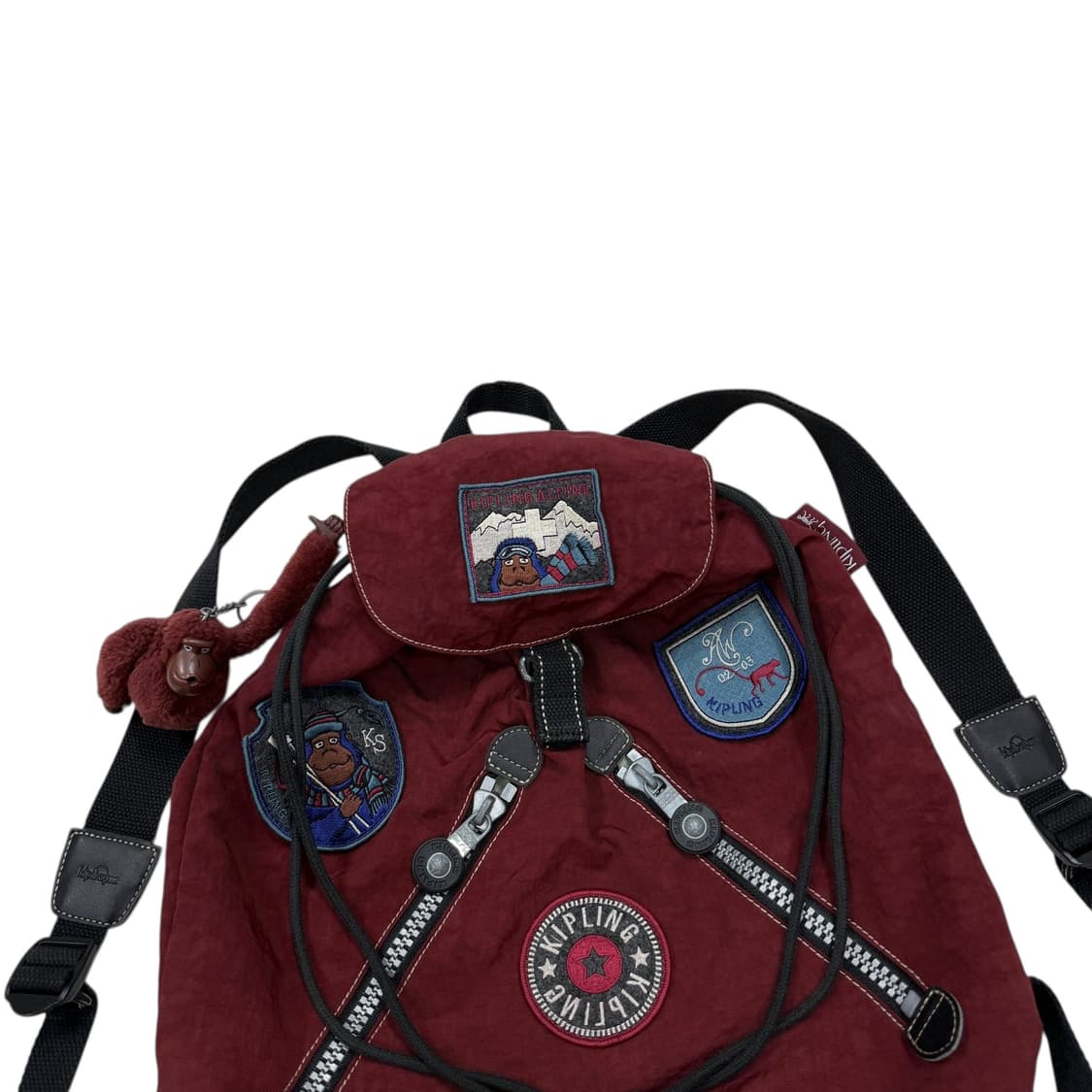 키플링 빈티지 희귀 Y2K 패치워크 복조리 드로우 백팩 가방 버건디 레드 상품이미지2