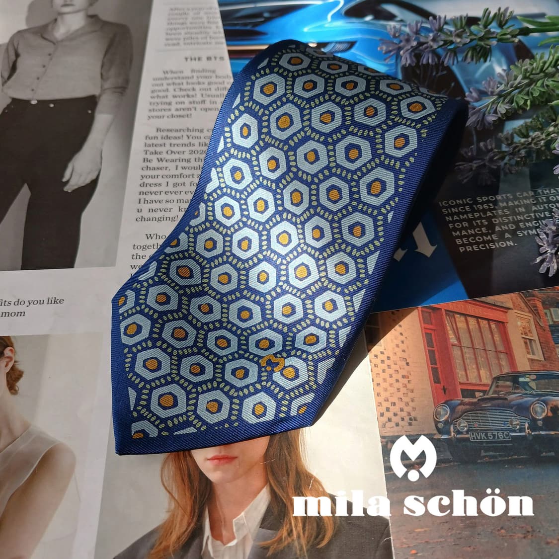 밀라숀 실크 네이비 기하 패턴 넥타이 8.9cm A+등급 A19753 상품이미지1