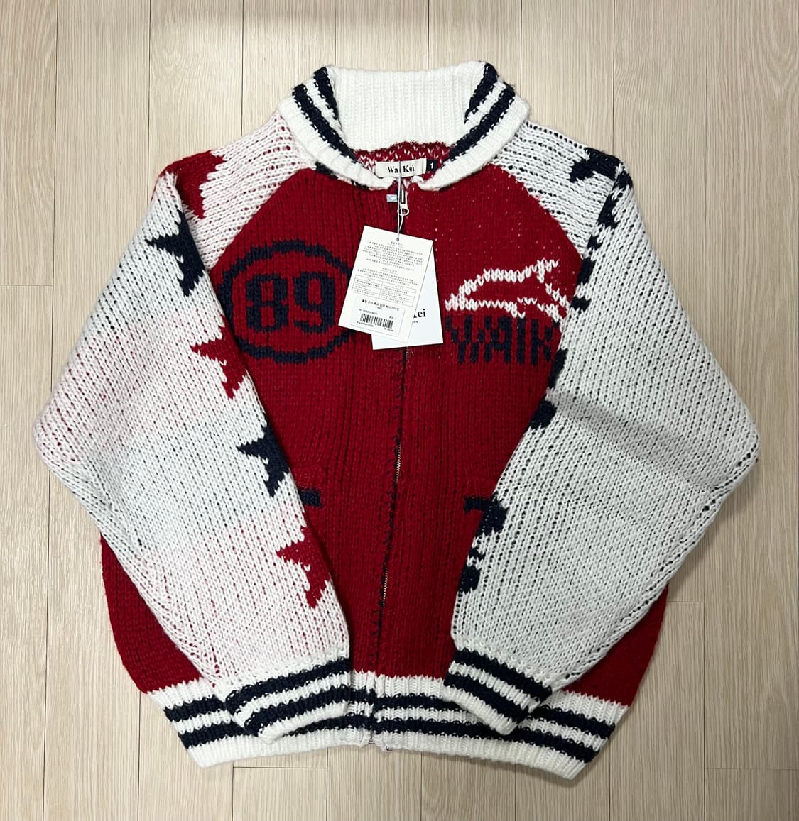 [새제품] 와이케이 waikei 돌핀 스타 로고 집업 헤비 가디건 레드 상품이미지1