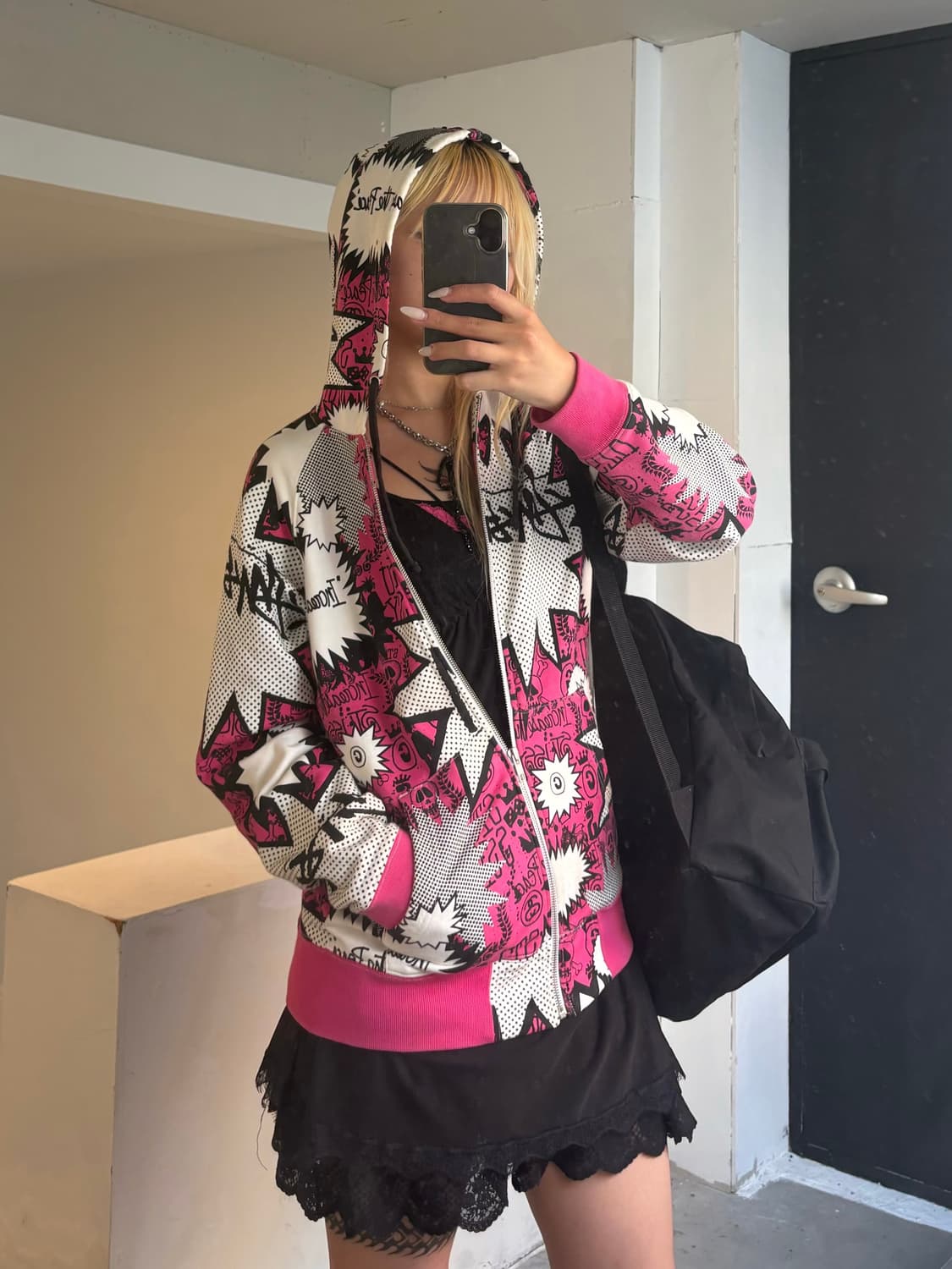 00s Stussy Pink News Paper Hooded Zip-Up 상품이미지5