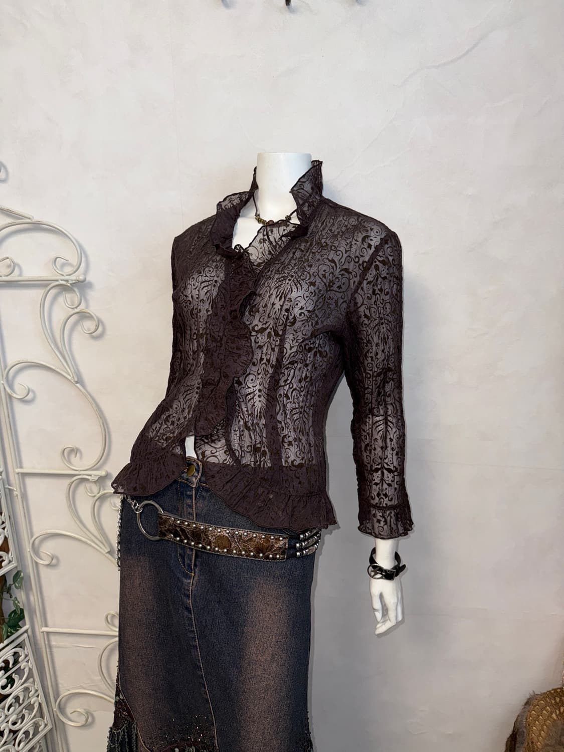 Dark brown oriental pleats blouse 상품이미지1