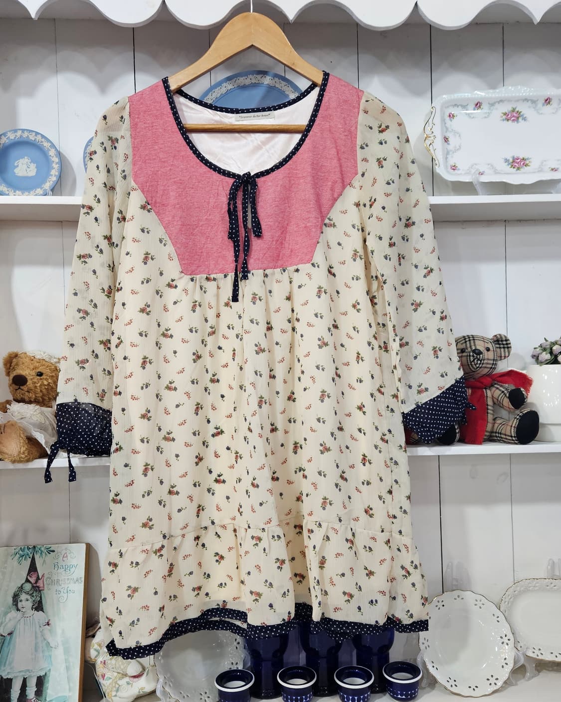 플라워 배색 리본 원피스 상품이미지1